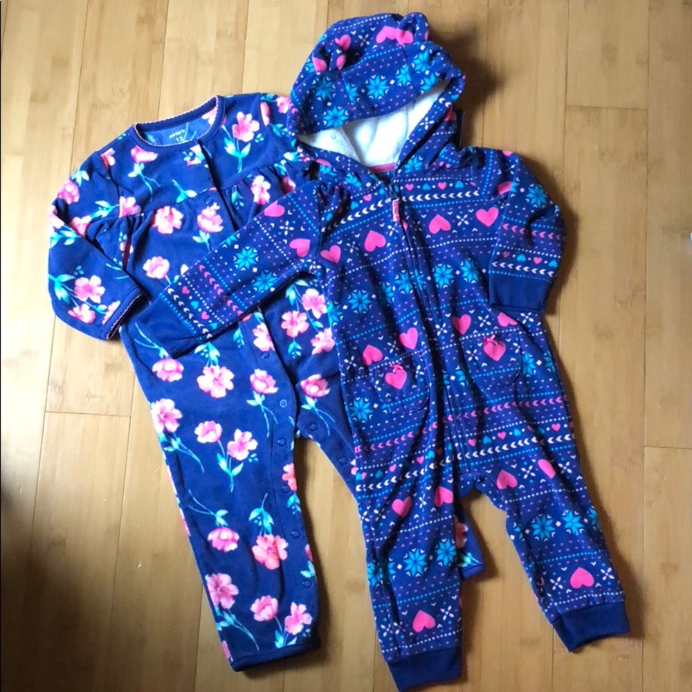 lot of 2 carter’s fleece rompers blue pink 12M